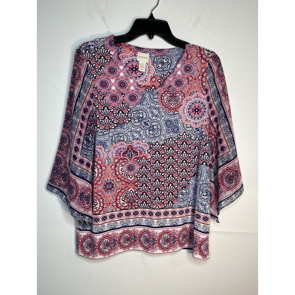 Chicos Travelers Boho Madala Art Print Sketch Floral Blouse 0P S